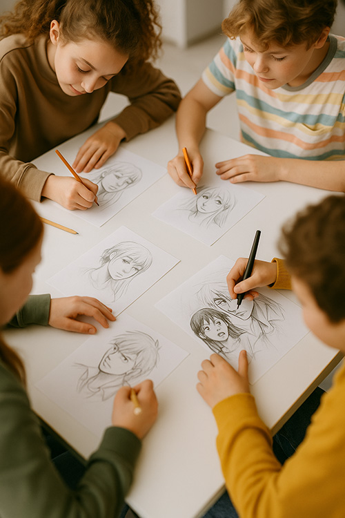 adolescents dessinant à 4 dans l'atelier Edumanga